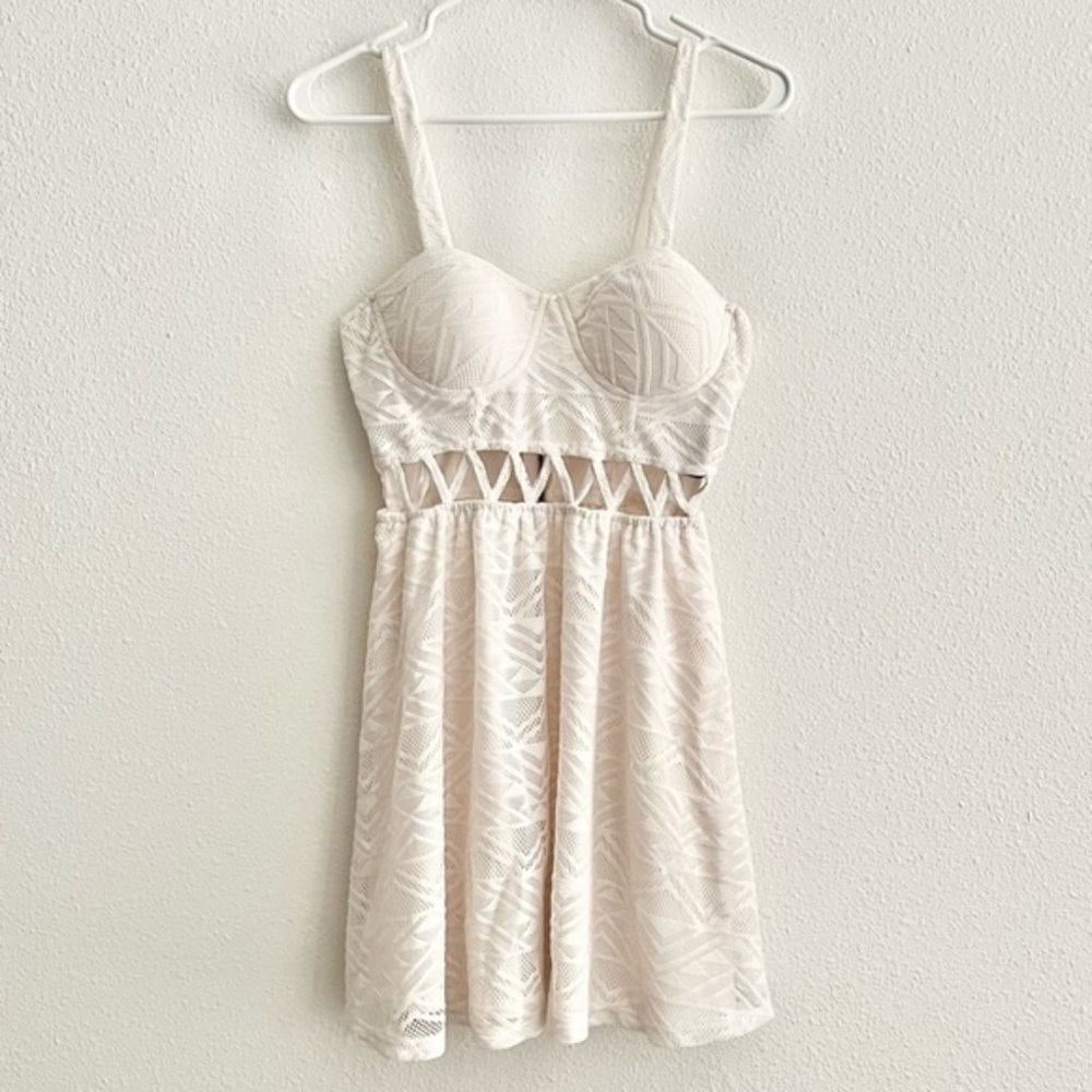 Material Girl Off White Lace Cut Out Party Dress with Geometric Pattern